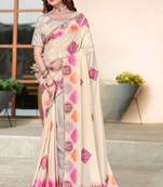 cream color digital printed silk blend saree for women