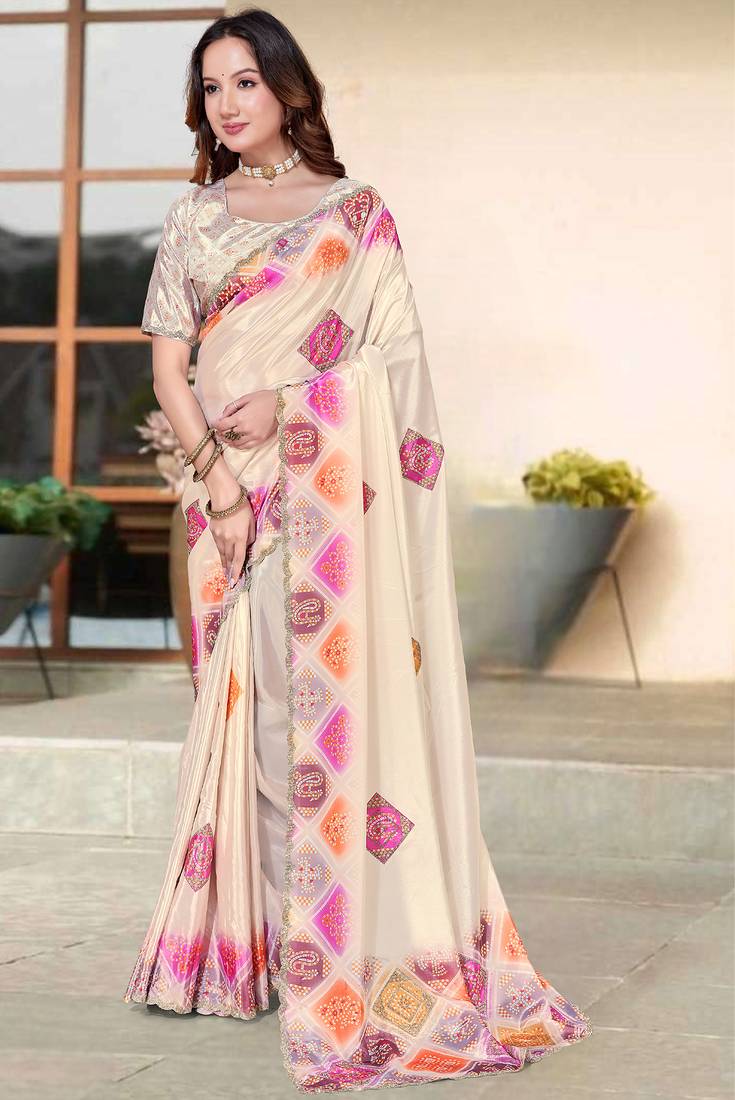 cream color digital printed silk blend saree for women