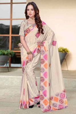 cream color digital printed silk blend saree for women 2