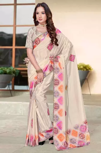 cream color digital printed silk blend saree for women