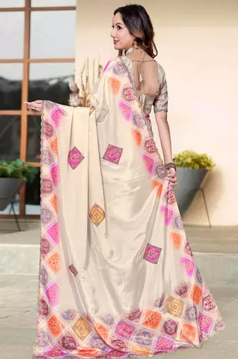 cream color digital printed silk blend saree for women