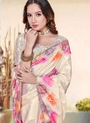 cream color digital printed silk blend saree for women 4