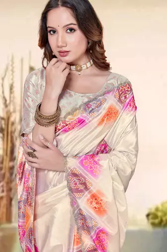 cream color digital printed silk blend saree for women