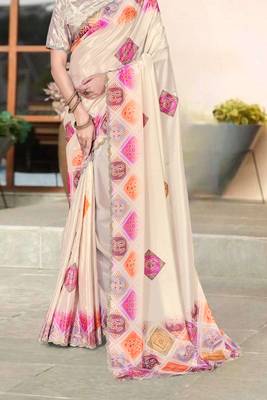cream color digital printed silk blend saree for women 5