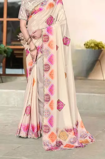 cream color digital printed silk blend saree for women