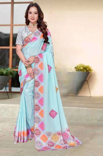 sky blue color digital printed silk blend saree for women