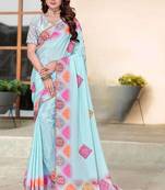 sky blue color digital printed silk blend saree for women
