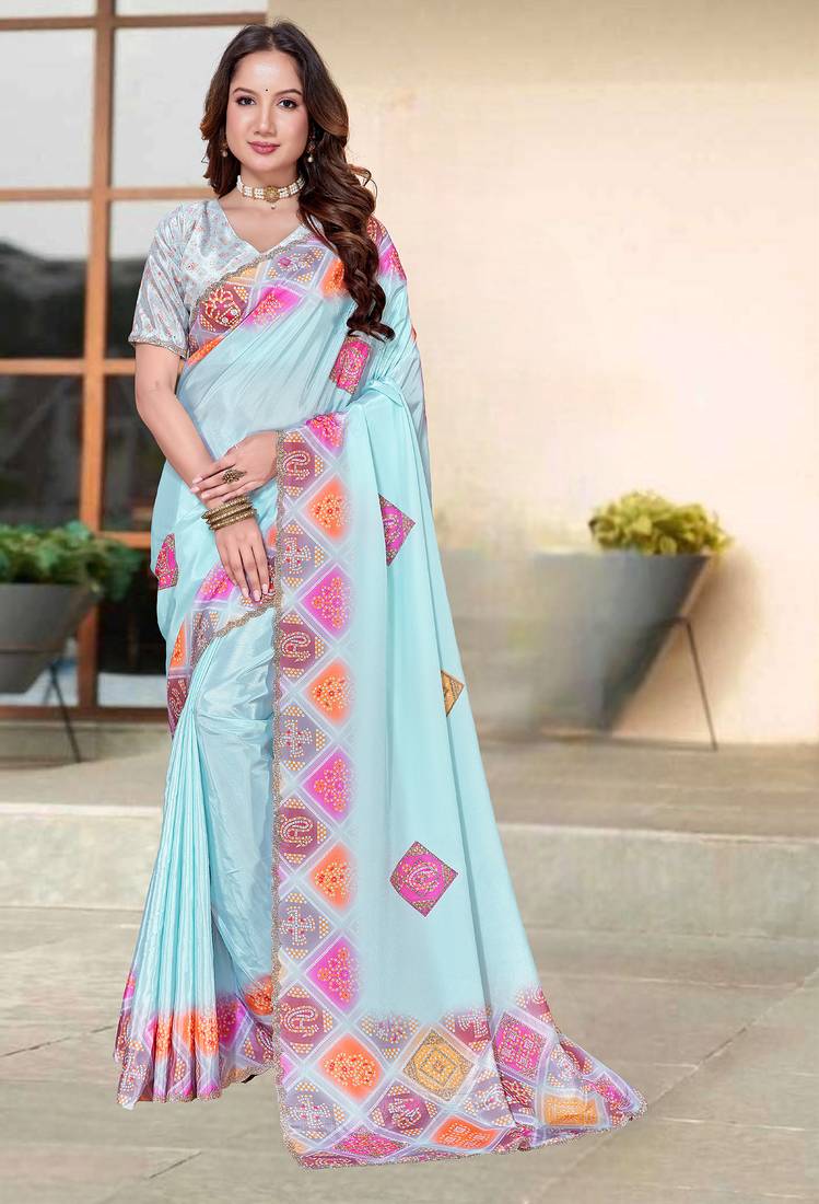 sky blue color digital printed silk blend saree for women