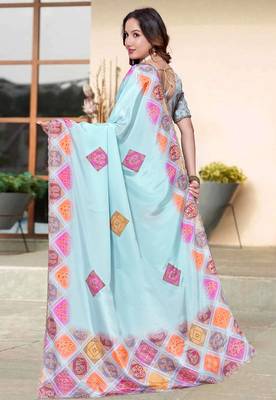 sky blue color digital printed silk blend saree for women 3
