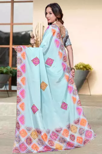 sky blue color digital printed silk blend saree for women