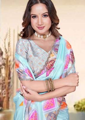 sky blue color digital printed silk blend saree for women 4