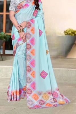 sky blue color digital printed silk blend saree for women 5