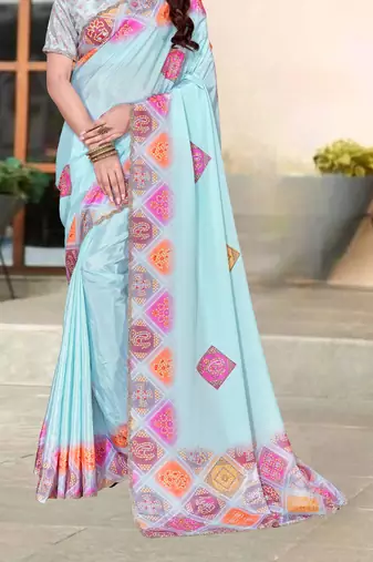 sky blue color digital printed silk blend saree for women
