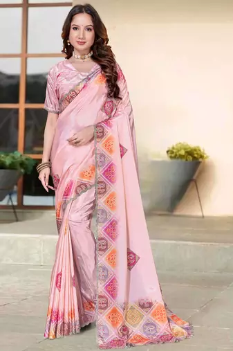 peach color digital printed silk blend saree for women