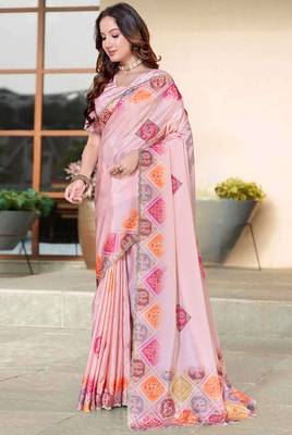 peach color digital printed silk blend saree for women 2