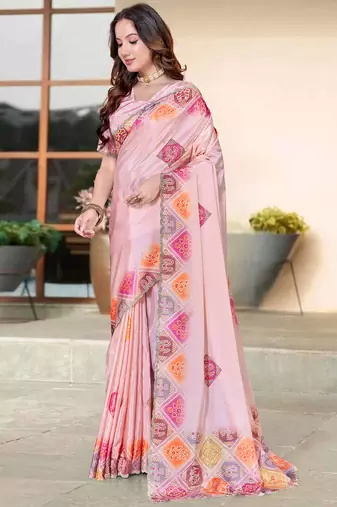 peach color digital printed silk blend saree for women