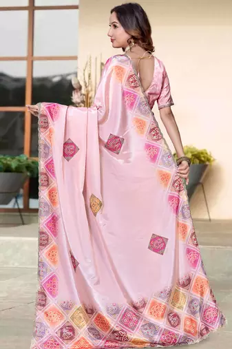 peach color digital printed silk blend saree for women