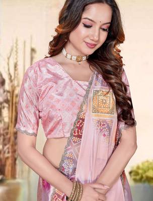 peach color digital printed silk blend saree for women 4