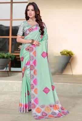 sea green color digital printed silk blend saree for women 1