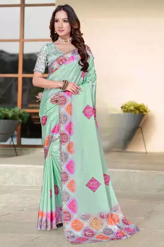 sea green color digital printed silk blend saree for women