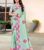 sea green color digital printed silk blend saree for women
