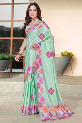 sea green color digital printed silk blend saree for women 2