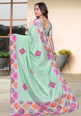 sea green color digital printed silk blend saree for women 3