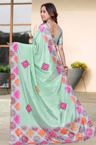 sea green color digital printed silk blend saree for women