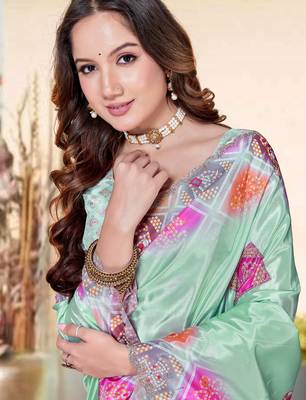 sea green color digital printed silk blend saree for women 4