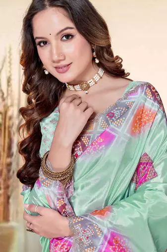 sea green color digital printed silk blend saree for women