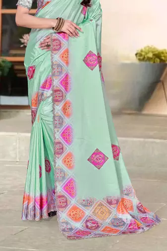 sea green color digital printed silk blend saree for women