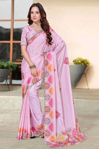 pink color digital printed silk blend saree for women