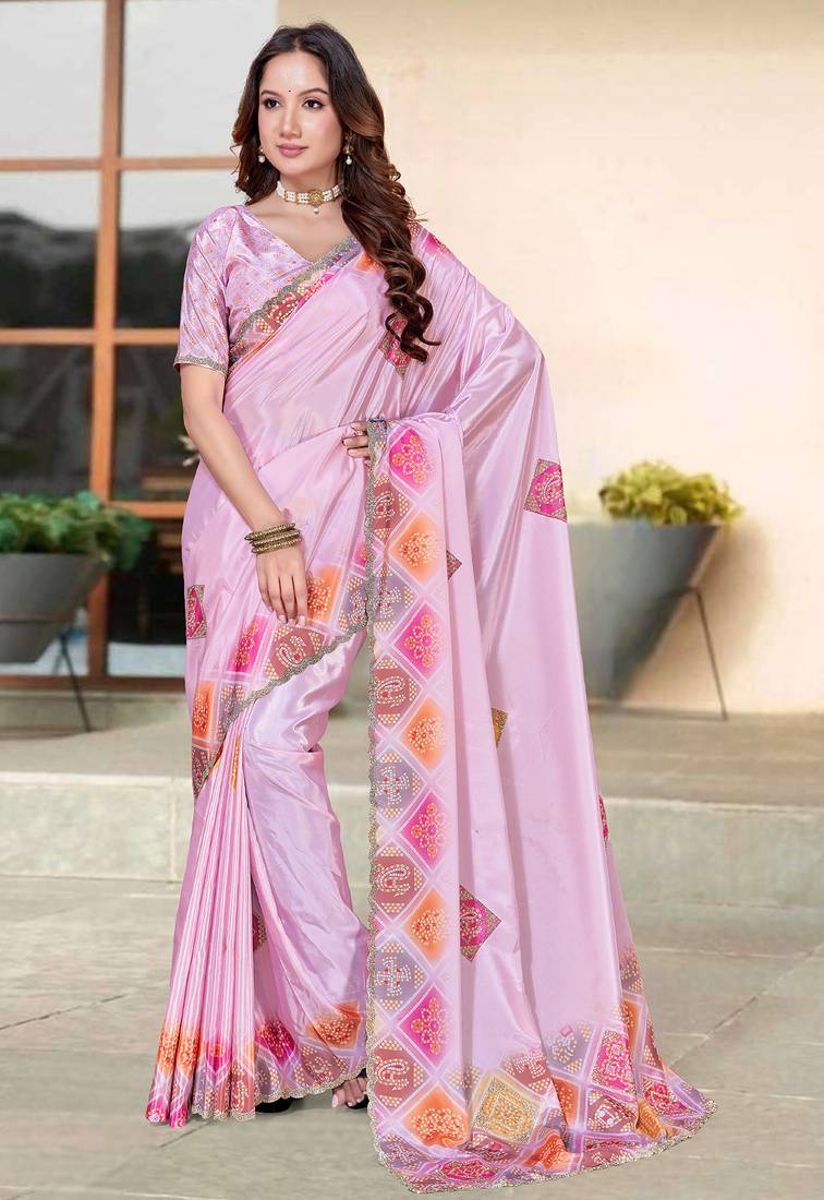 pink color digital printed silk blend saree for women