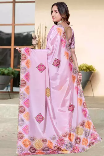 pink color digital printed silk blend saree for women