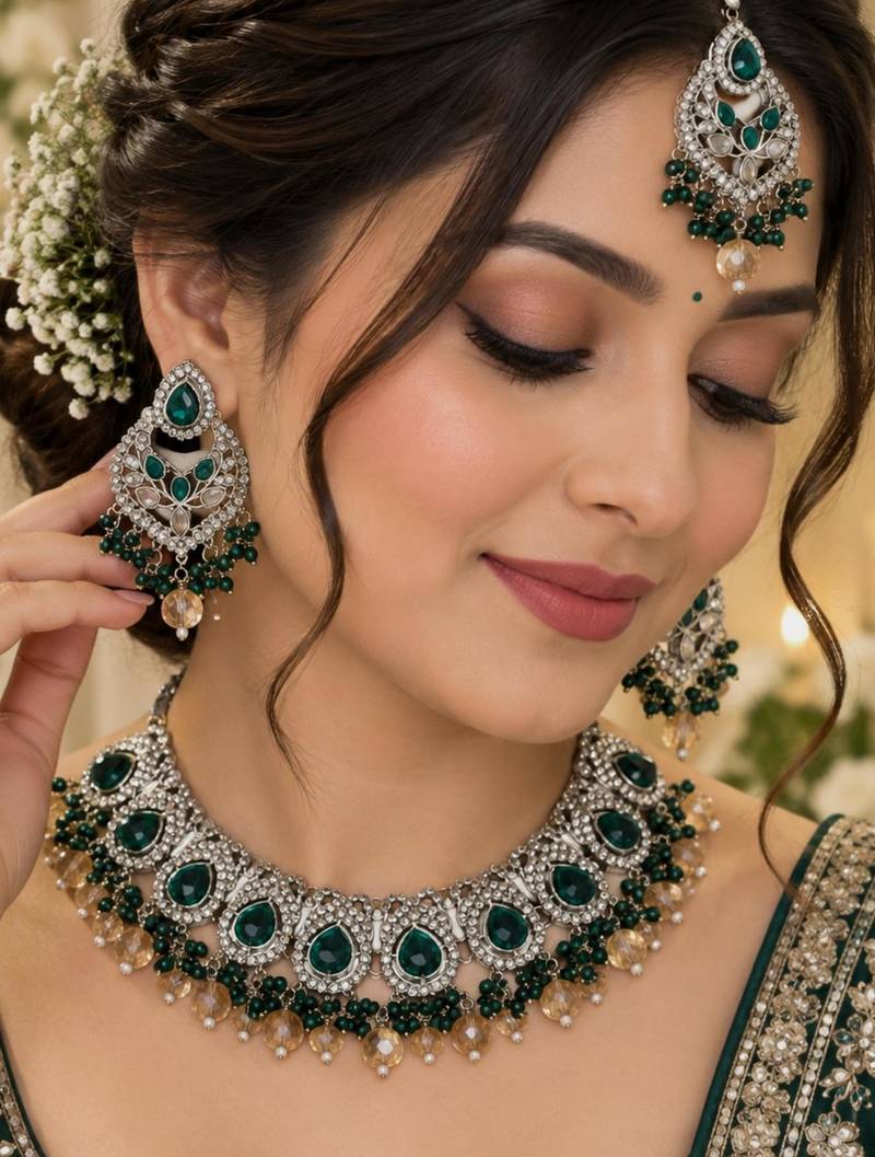 Green mehandi-plated agate stone necklace set with earrings & maang tikka