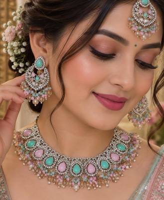 Pink pista mehandi-plated agate stone necklace set with earrings & maang tikka 1