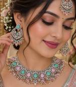 Pink pista mehandi-plated agate stone necklace set with earrings & maang tikka