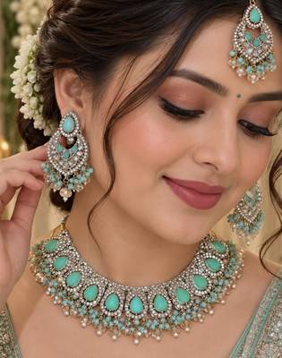 Pista mehandi-plated agate stone necklace set with earrings & maang tikka 1