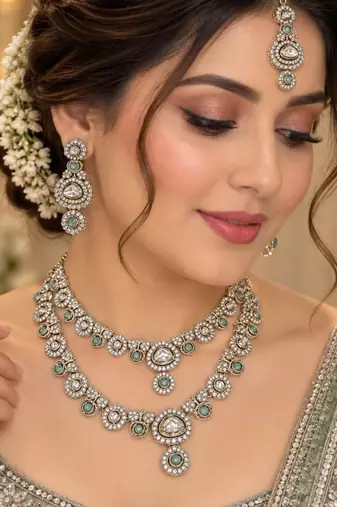 Pista mehandi-plated kundan agate stone & kundan necklace set with earrings