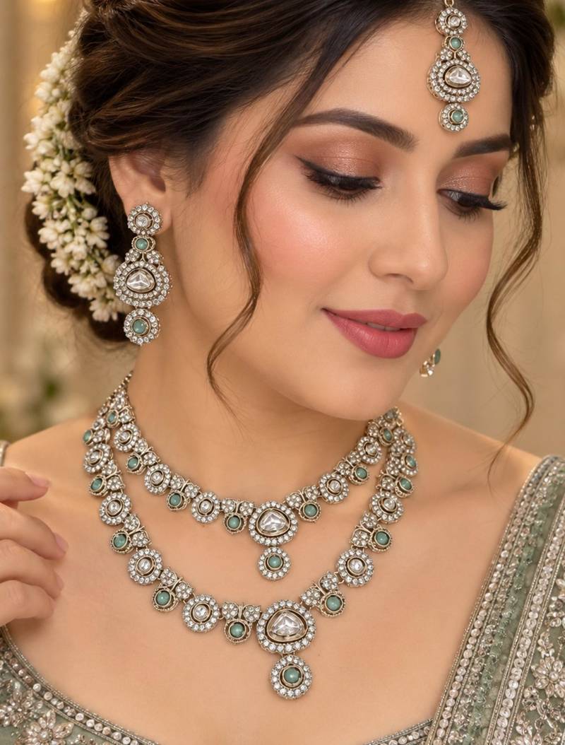 Pista mehandi-plated kundan agate stone & kundan necklace set with earrings