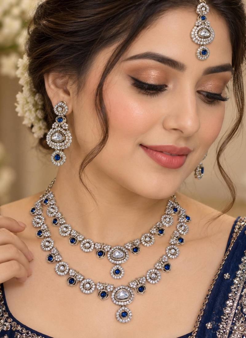 Blue mehandi-plated kundan agate stone & kundan necklace set with earrings