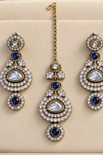 Blue mehandi-plated kundan agate stone & kundan necklace set with earrings