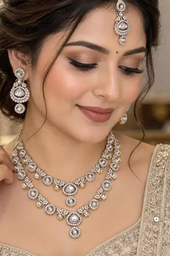 White mehandi-plated kundan agate stone & necklace set with earrings & maang tikka