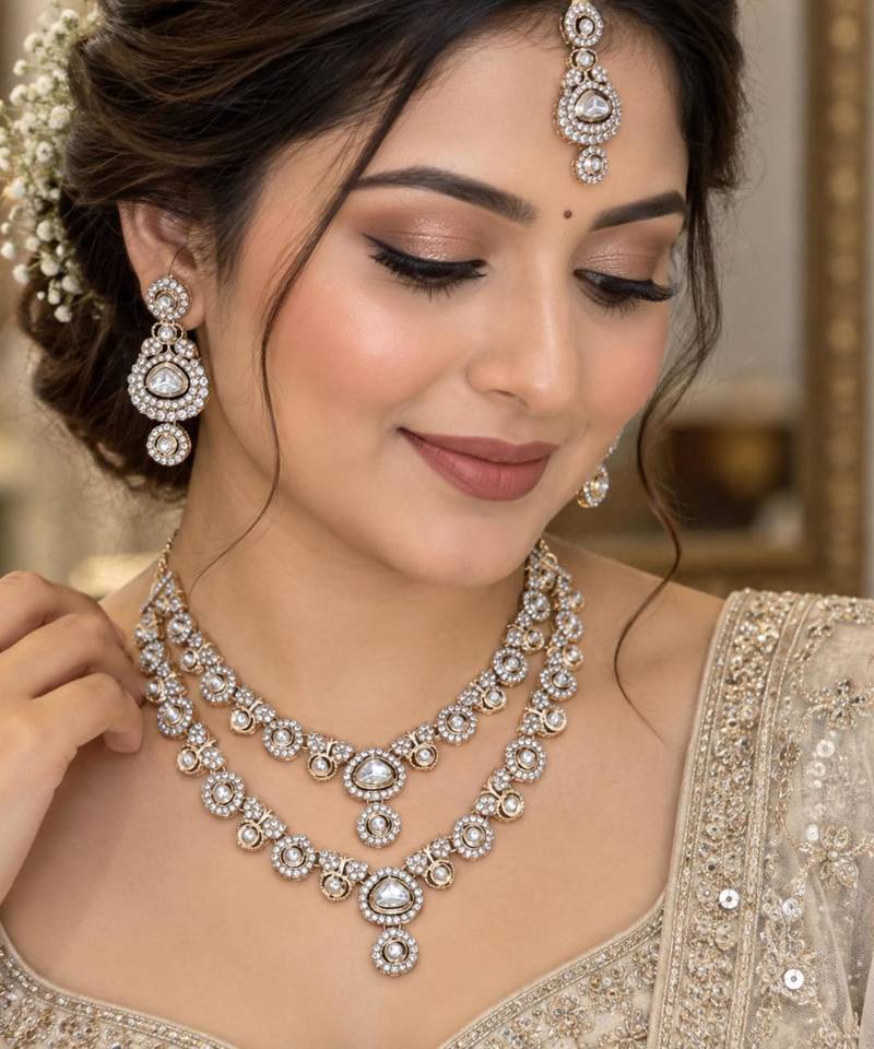 White mehandi-plated kundan agate stone & necklace set with earrings & maang tikka