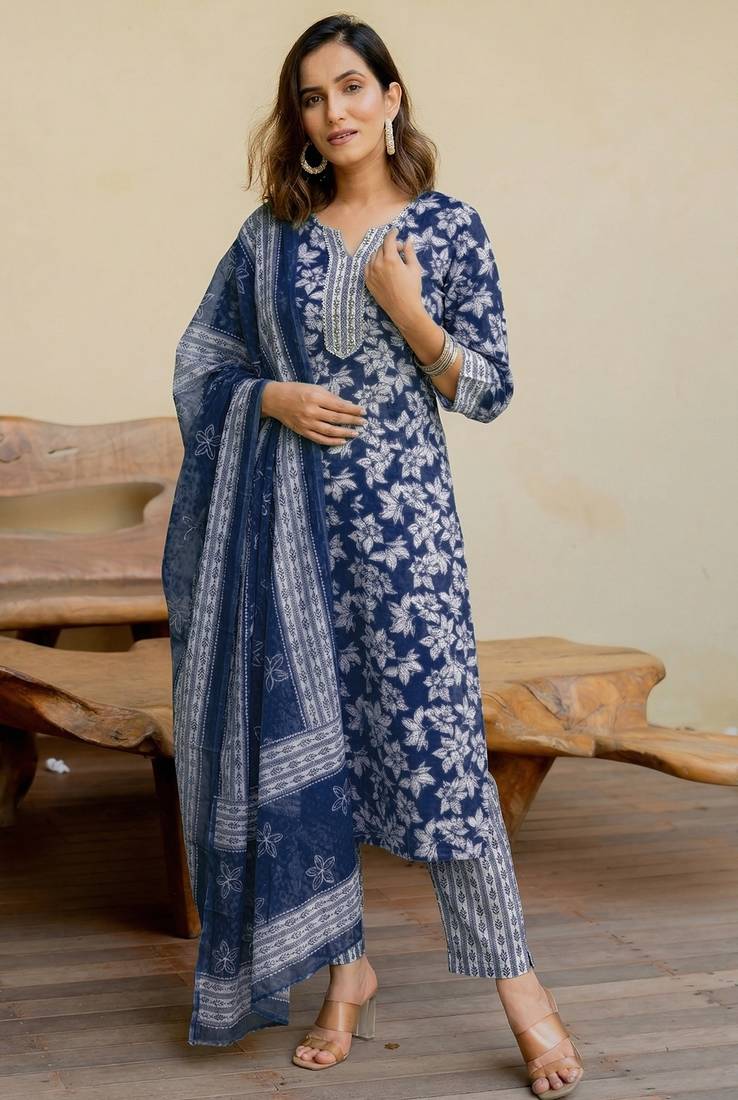 Mirchi Fashion Women's Blue & Off White Floral Print Pure Cotton Kurti With Pant & Dupatta Set