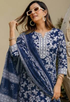 Mirchi Fashion Women's Blue & Off White Floral Print Pure Cotton Kurti With Pant & Dupatta Set 2