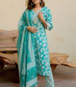 Mirchi Fashion Women's Teal & Green Floral Print Pure Cotton Kurti With Pant & Dupatta Set