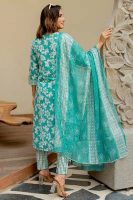 Mirchi Fashion Women's Teal & Green Floral Print Pure Cotton Kurti With Pant & Dupatta Set 2