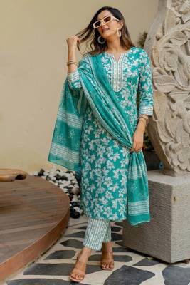 Mirchi Fashion Women's Teal & Green Floral Print Pure Cotton Kurti With Pant & Dupatta Set 3
