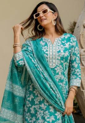 Mirchi Fashion Women's Teal & Green Floral Print Pure Cotton Kurti With Pant & Dupatta Set 5